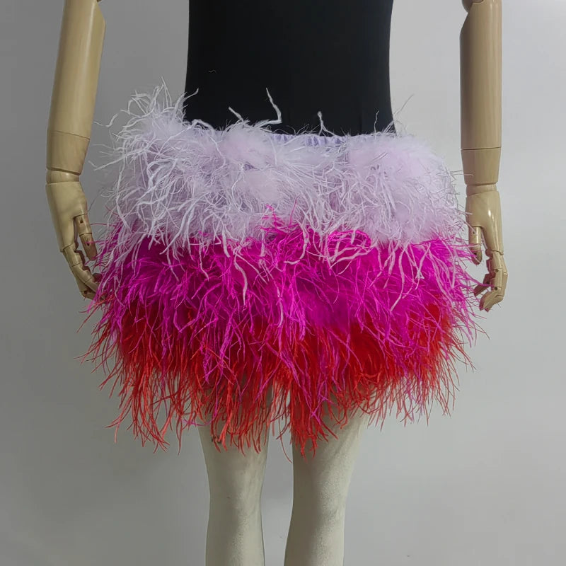 Fustă Mini cu Pene de Struț Adevărate — Multicolor, Talie Elastică