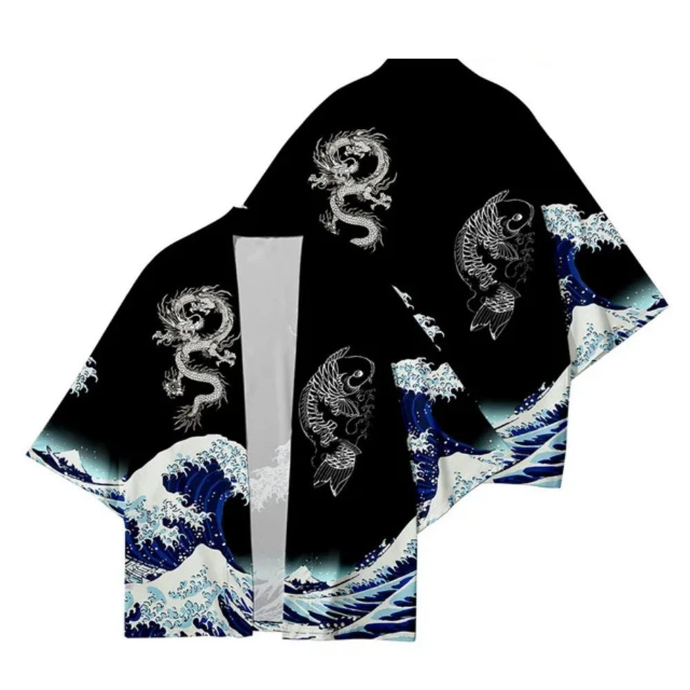 Kimono Haori Unisex — Imprimeu Cocor & Caractere Chineze, Cardigan Yukata, Vară