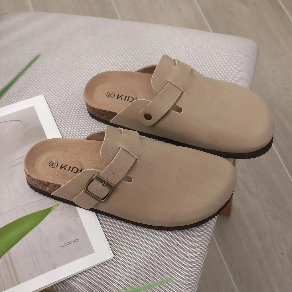 Papuci Damă/Bărbați Comwarm din Piele Întoarsă — Talpă Cork, Suport Arc, Slides Plajă & Casă