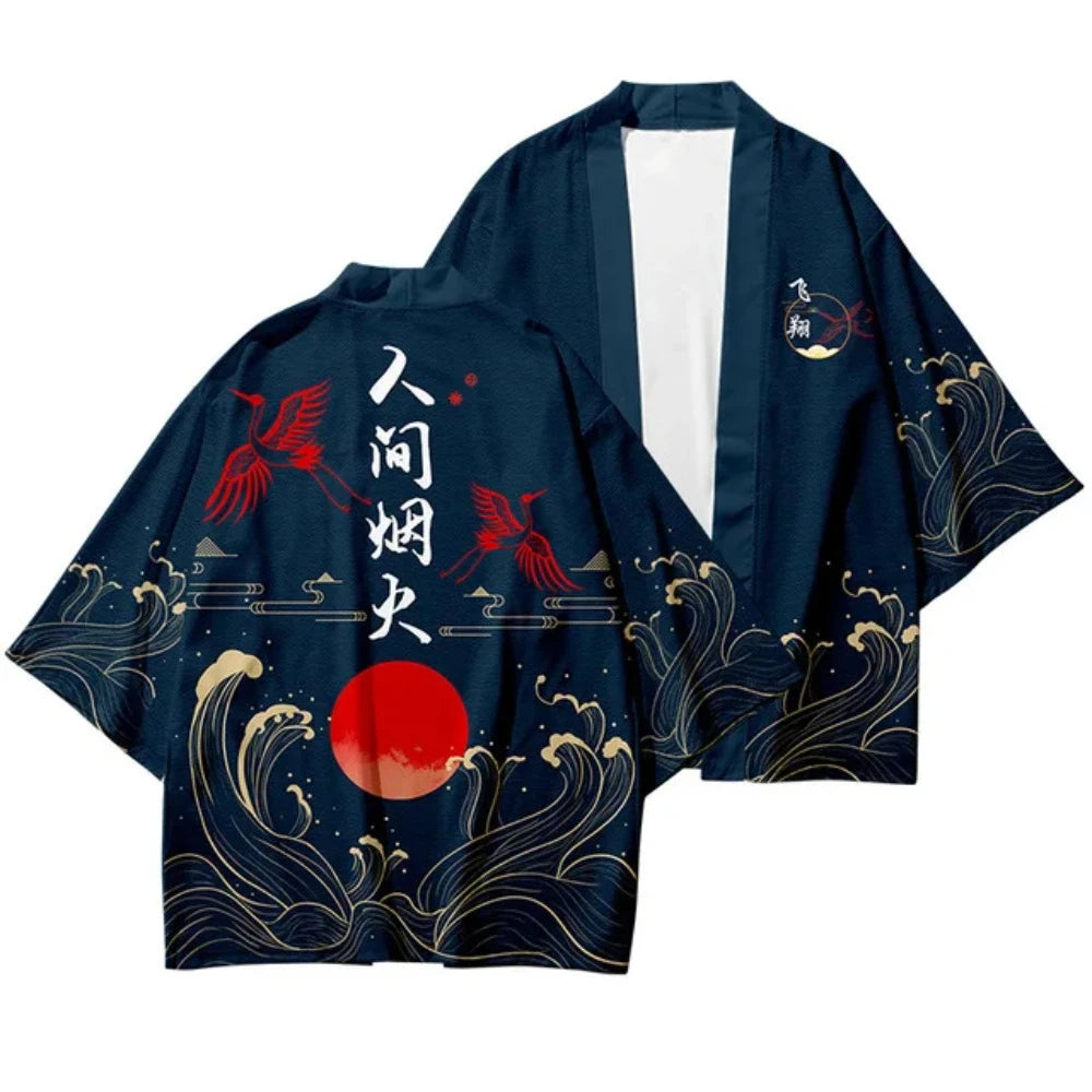 Kimono Haori Unisex — Imprimeu Cocor & Caractere Chineze, Cardigan Yukata, Vară