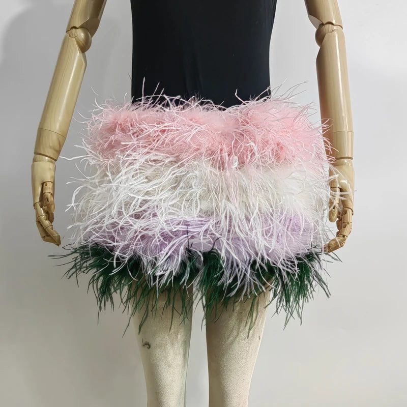 Fustă Mini cu Pene de Struț Adevărate — Multicolor, Talie Elastică