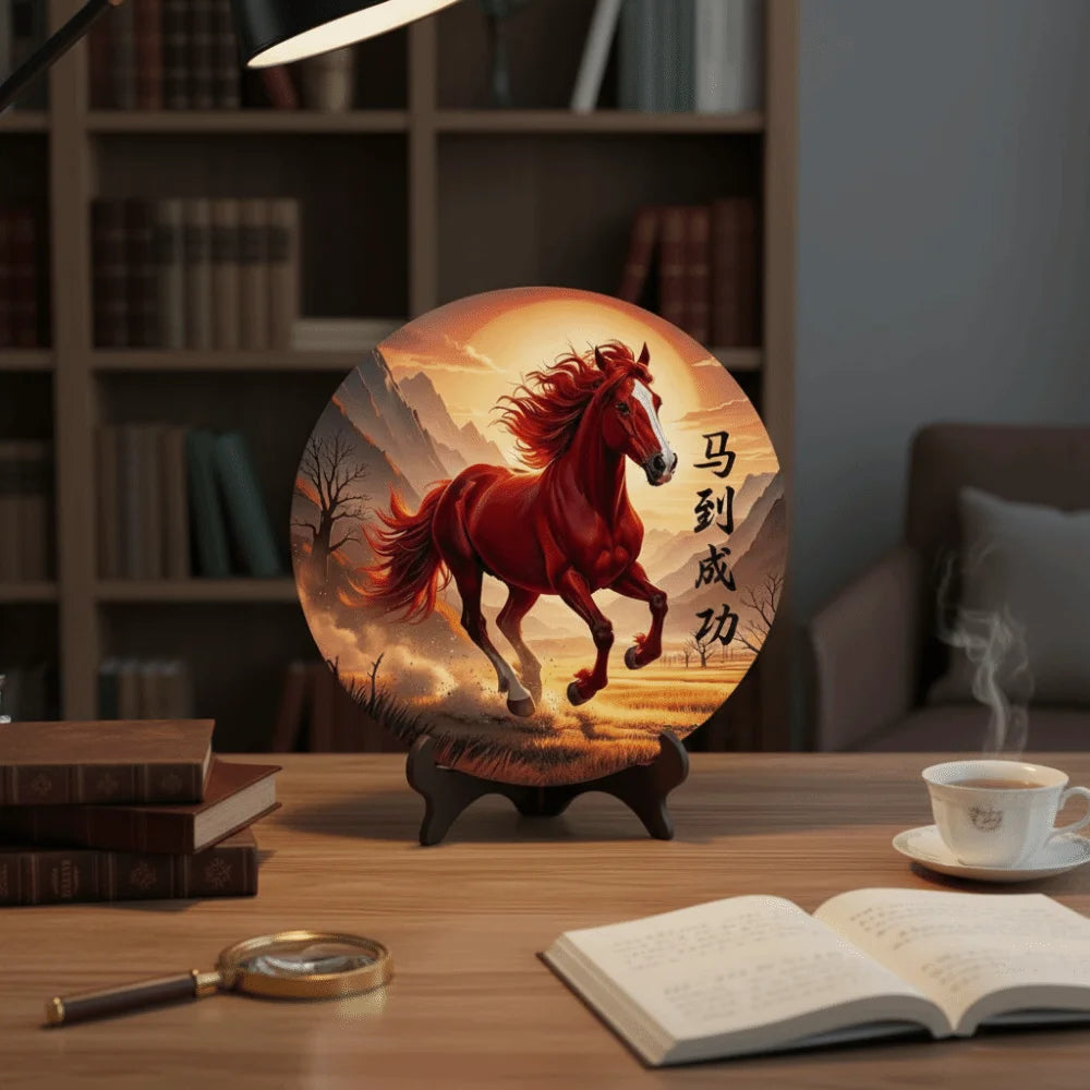 Tablou Decorativ Rotund din Lemn — Calul Norocos, Decor Feng Shui pentru Casă și Birou