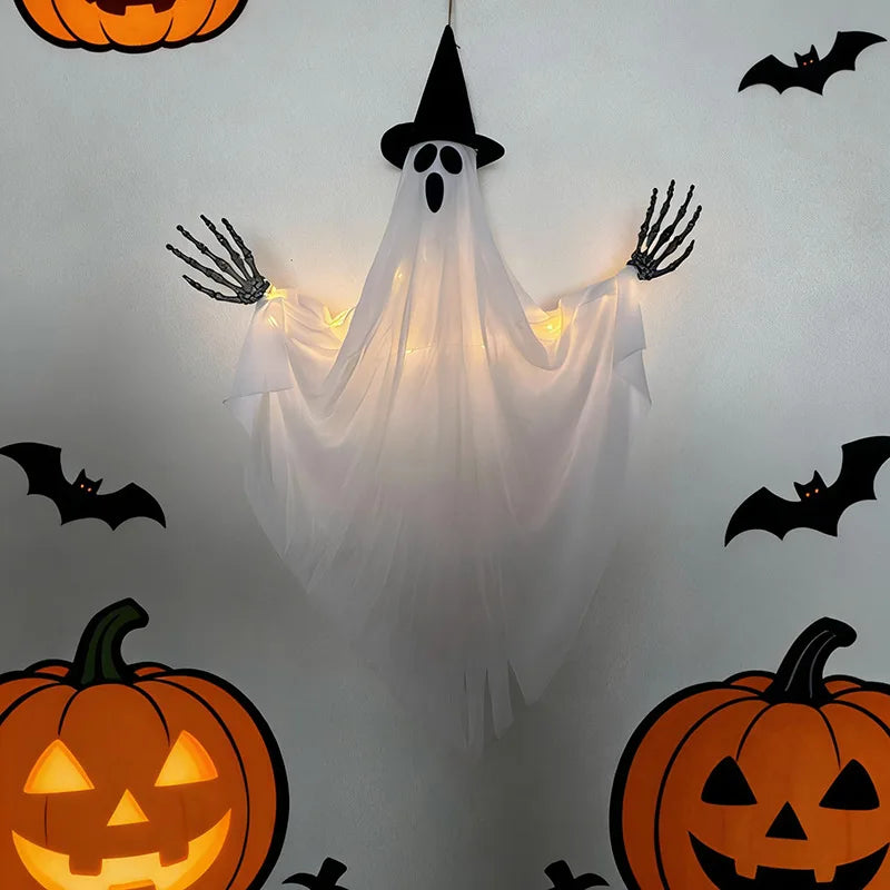 Fantomă Luminoasă cu Pălărie de Vrăjitor — Decorațiune Halloween Suspendată