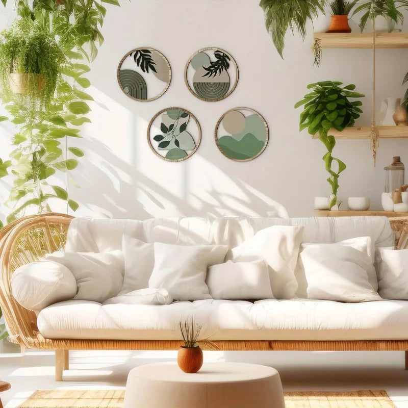 Set 4 Piese Decorative Perete Boho — Artă Geometrică din Lemn pentru Dormitor & Living