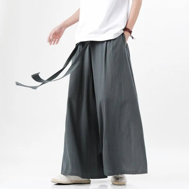 Pantaloni Wide Leg Bărbați — Stil Japonez Kimono, Bumbac & In, Streetwear Retro Vară