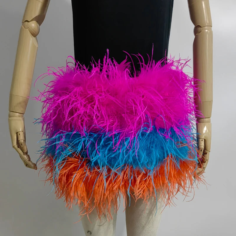 Fustă Mini cu Pene de Struț Adevărate — Multicolor, Talie Elastică