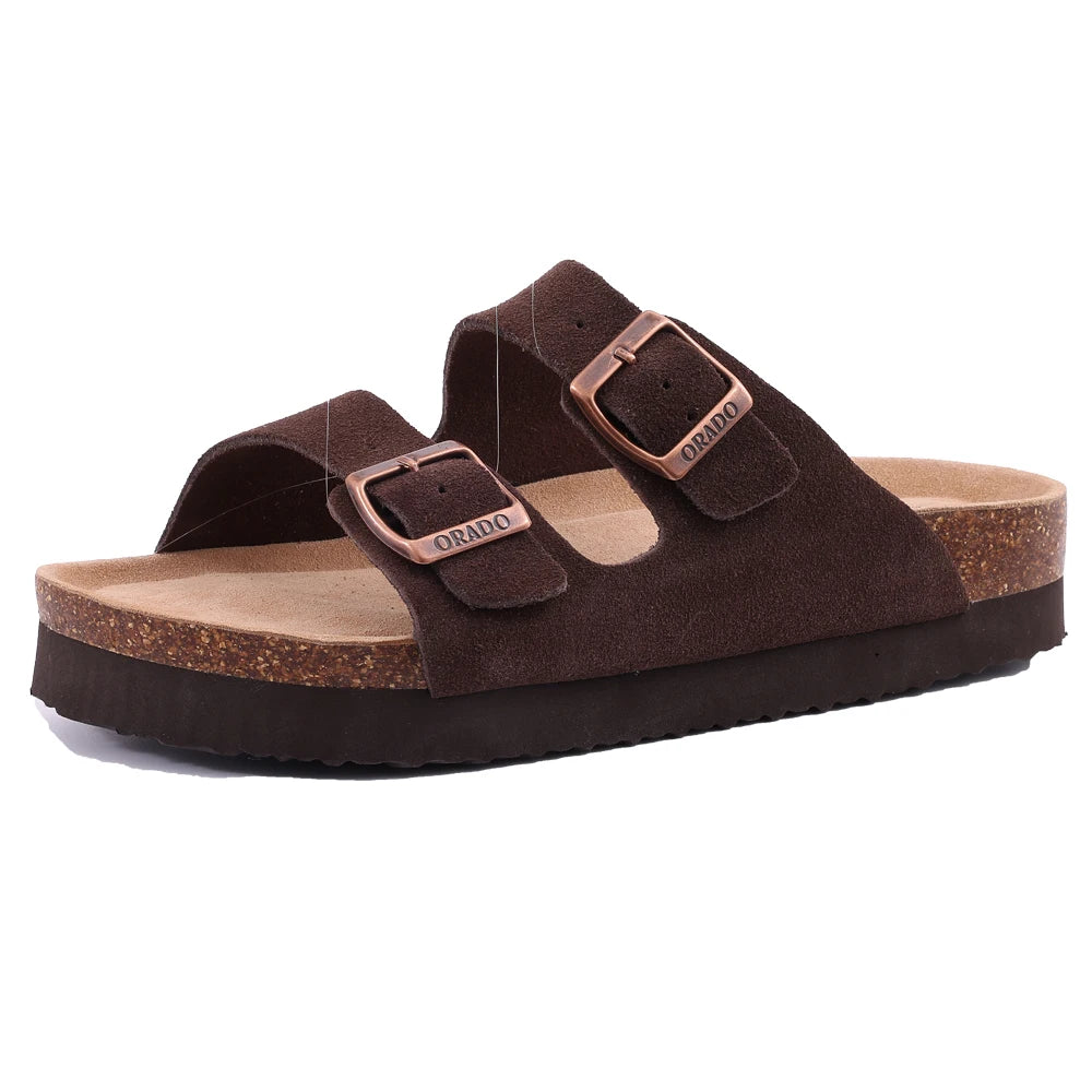 Papuci Damă/Bărbați Comwarm din Piele Întoarsă — Talpă Cork, Suport Arc, Slides Plajă & Casă