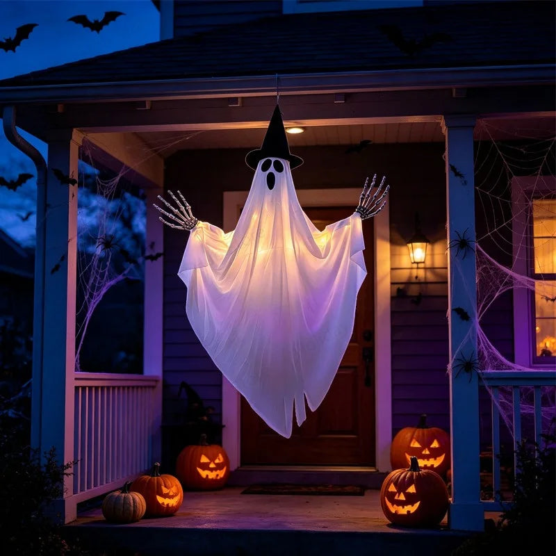 Fantomă Luminoasă cu Pălărie de Vrăjitor — Decorațiune Halloween Suspendată