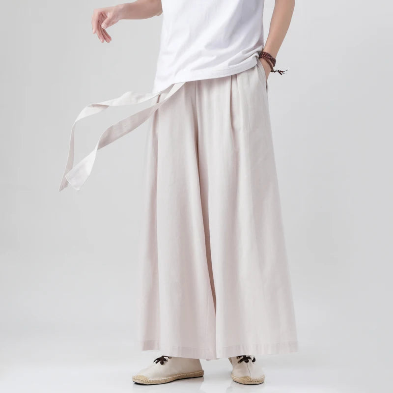 Pantaloni Wide Leg Bărbați — Stil Japonez Kimono, Bumbac & In, Streetwear Retro Vară