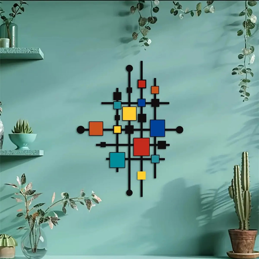 Tablou Metalic Mare pentru Perete — Model Geometric Abstract Multicolor, Interior și Exterior