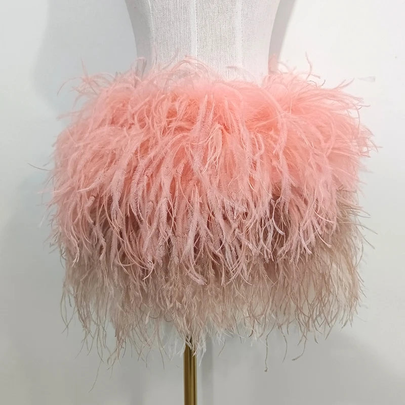 Fustă Mini cu Pene de Struț Adevărate — Multicolor, Talie Elastică