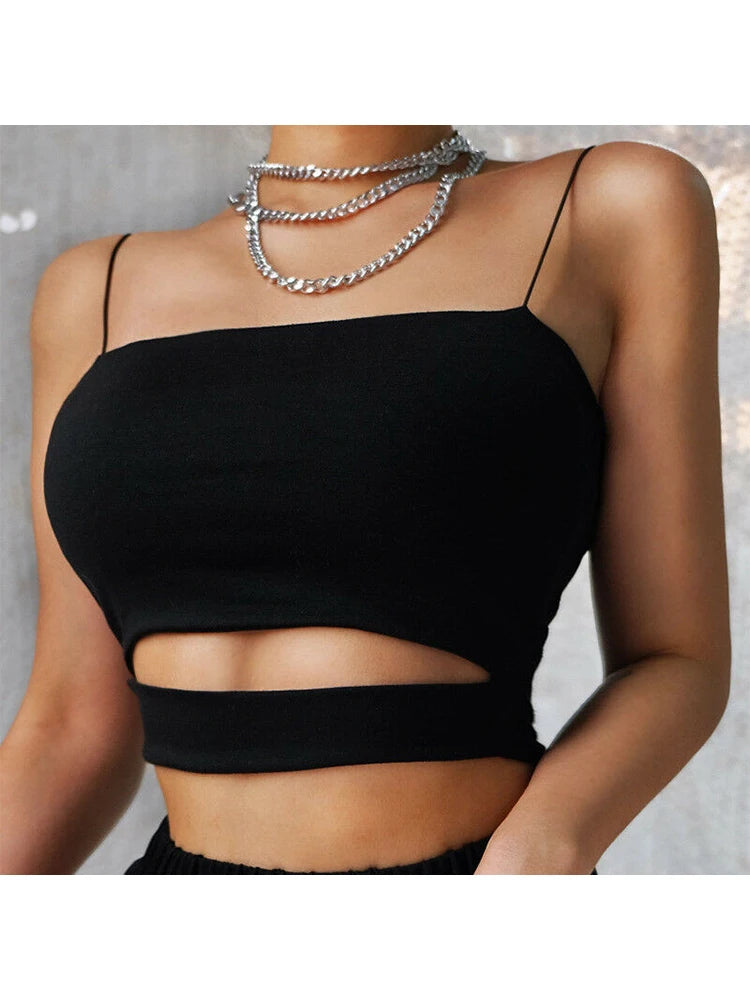 Top Scurt Crop cu Decupări Femei 2025 – Sexy, Fără Mâneci, Negru