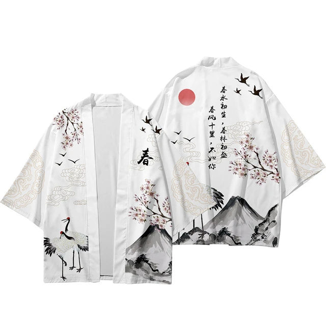Kimono Haori Unisex — Imprimeu Cocor & Caractere Chineze, Cardigan Yukata, Vară