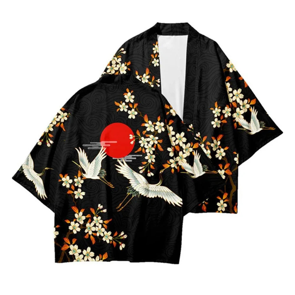 Kimono Haori Unisex — Imprimeu Cocor & Caractere Chineze, Cardigan Yukata, Vară