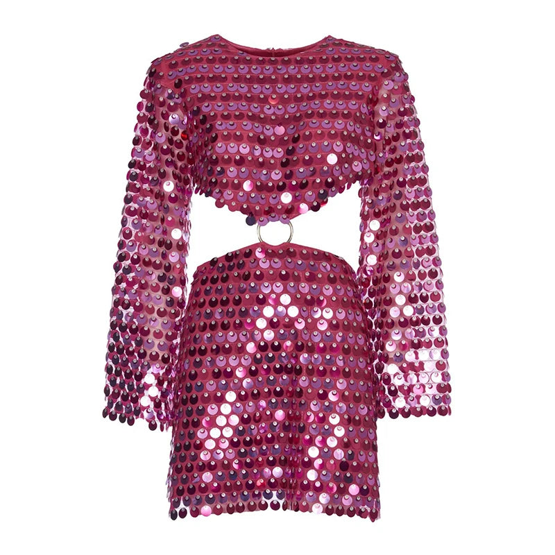 Rochie Mini cu Paiete și Decupaje — Mâneci Evazate, Stil Club & Seară