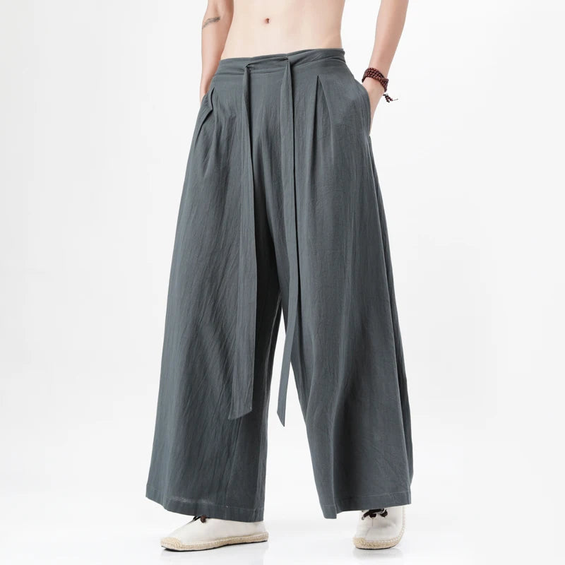 Pantaloni Wide Leg Bărbați — Stil Japonez Kimono, Bumbac & In, Streetwear Retro Vară