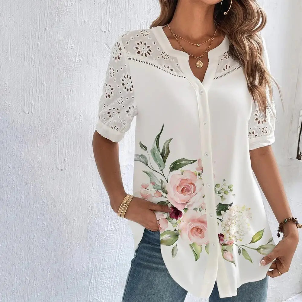 Bluză Elegantă din Dantela - Casual Loose Fit Mânecă Scurtă