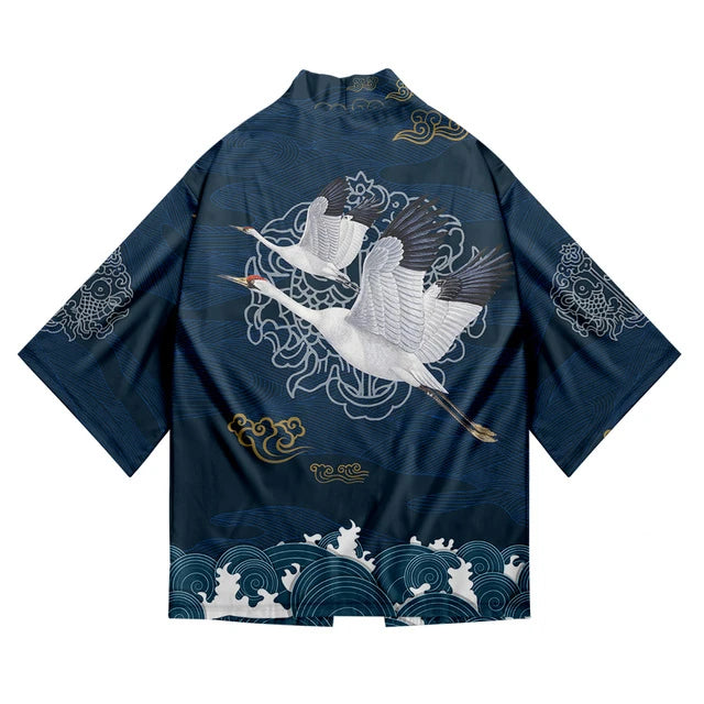 Kimono Haori Unisex — Imprimeu Cocor & Caractere Chineze, Cardigan Yukata, Vară