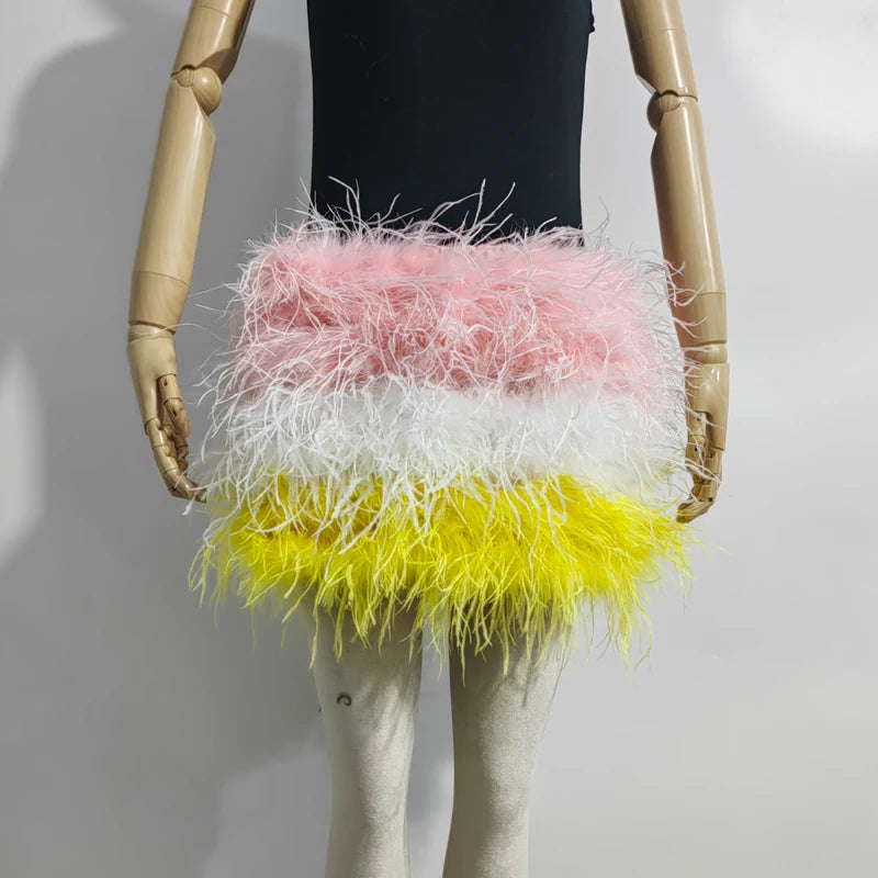 Fustă Mini cu Pene de Struț Adevărate — Multicolor, Talie Elastică