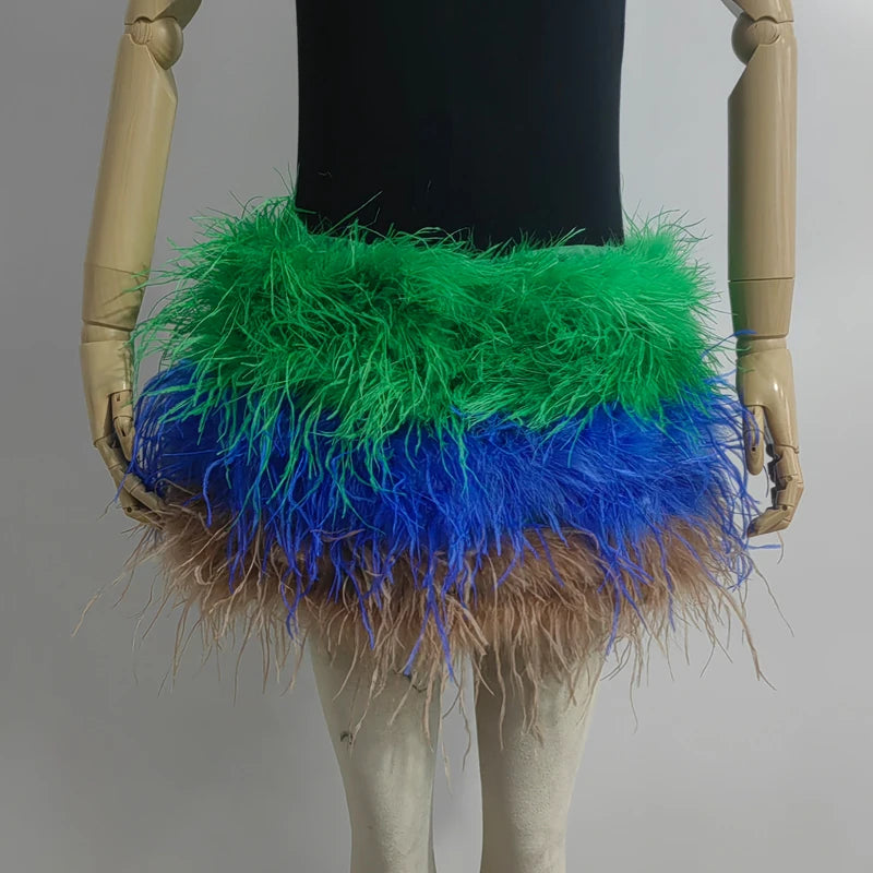Fustă Mini cu Pene de Struț Adevărate — Multicolor, Talie Elastică