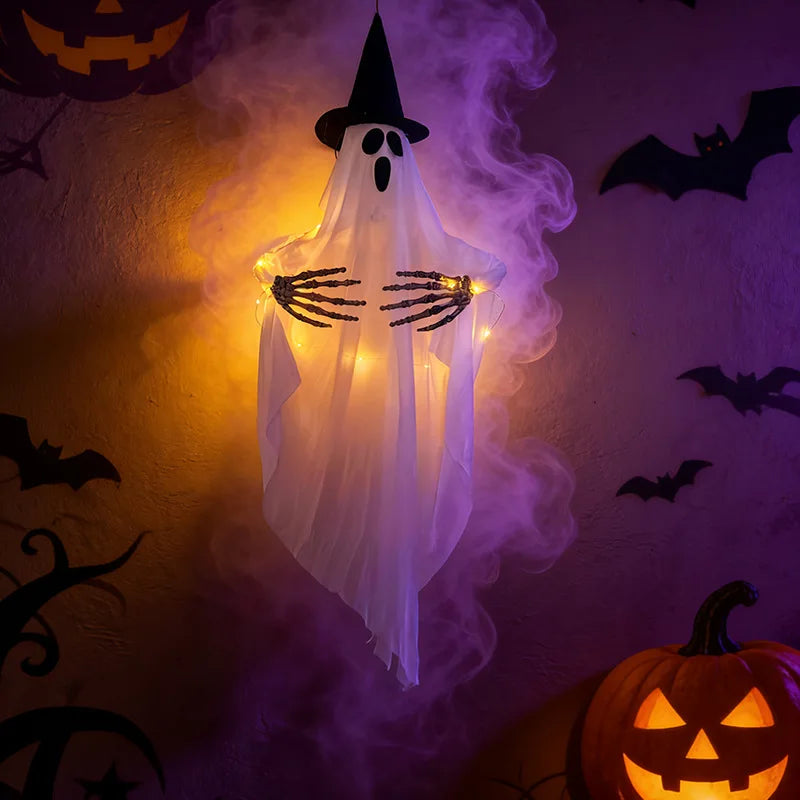 Fantomă Luminoasă cu Pălărie de Vrăjitor — Decorațiune Halloween Suspendată