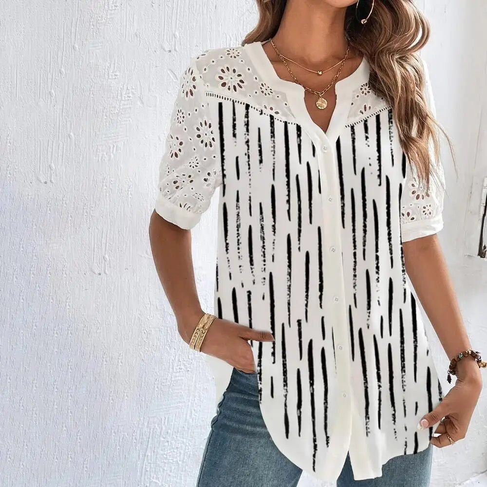Bluză Elegantă din Dantela - Casual Loose Fit Mânecă Scurtă