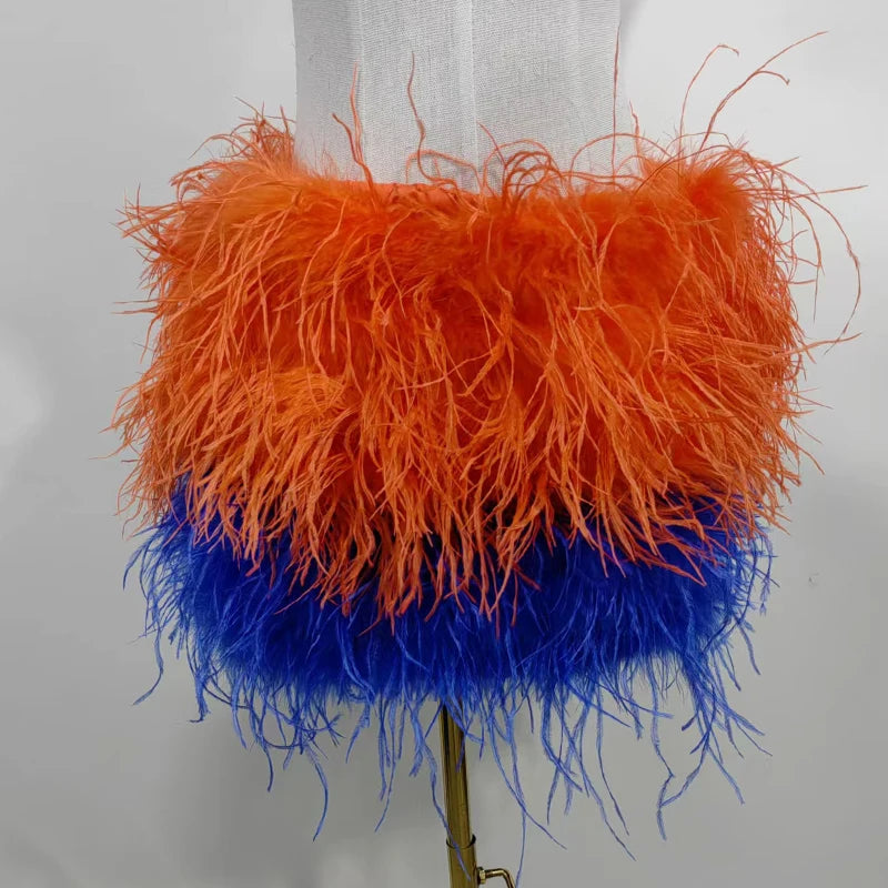 Fustă Mini cu Pene de Struț Adevărate — Multicolor, Talie Elastică