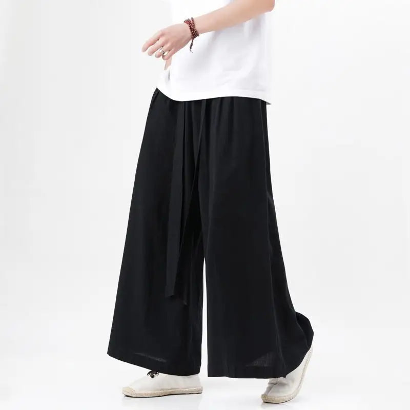 Pantaloni Wide Leg Bărbați — Stil Japonez Kimono, Bumbac & In, Streetwear Retro Vară