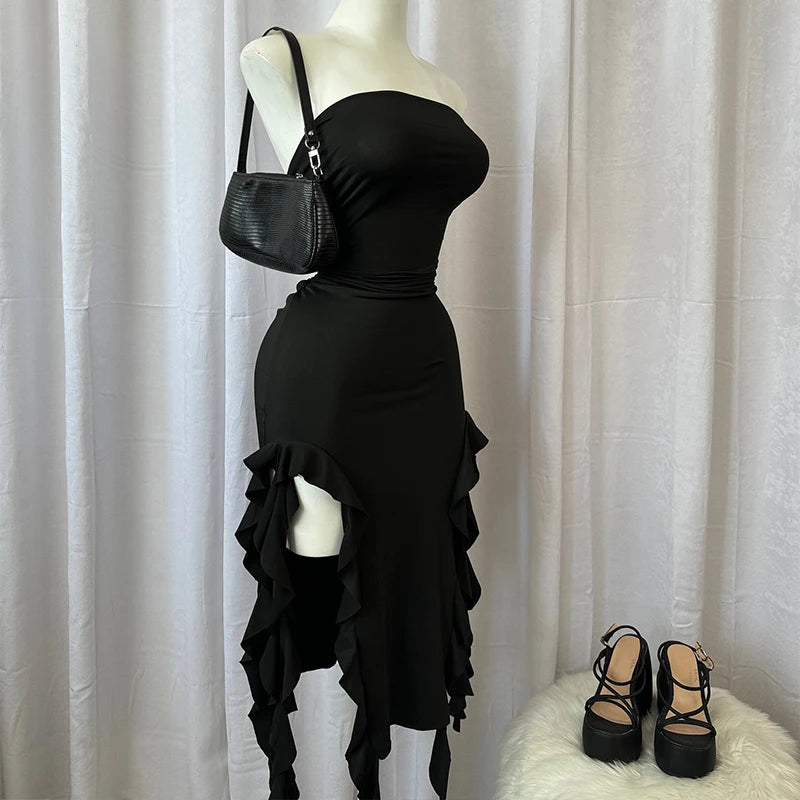 Rochie Mini Strapless cu Fantă — Floral, Spate Gol, Stil Petrecere, Negru & Roz