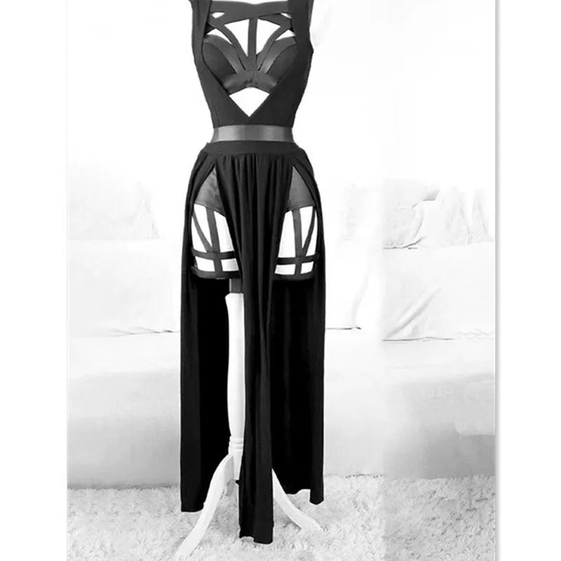 Set 4 Piese Femei Goth Club — Corset, Top Crop, Chiloți & Fustă cu Crestătură