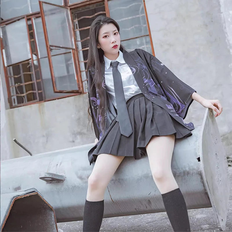 Kimono Yukata Haori Japonez — Cardigan Samurai Anime, Stil Harajuku Streetwear, Negru