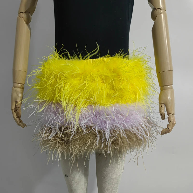 Fustă Mini cu Pene de Struț Adevărate — Multicolor, Talie Elastică