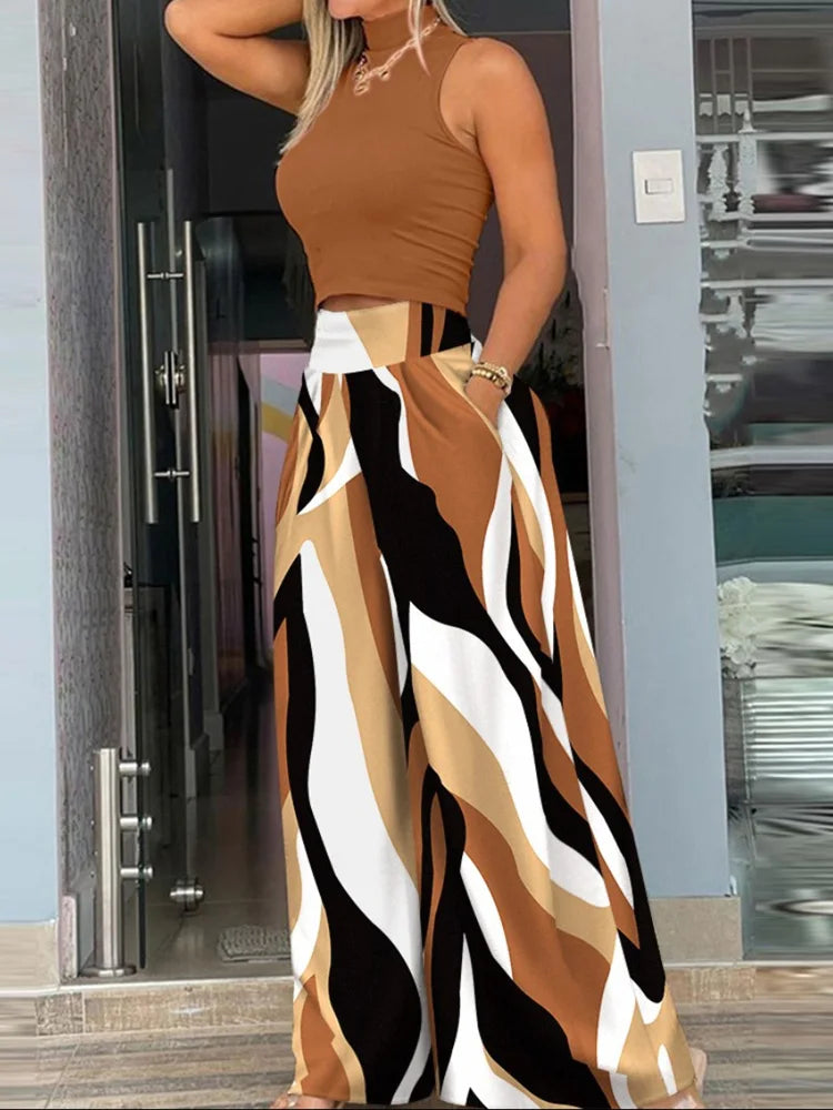 Set 2 Piese Femei — Top Sleeveless & Pantaloni Wide Leg, Imprimeu Vară 2025
