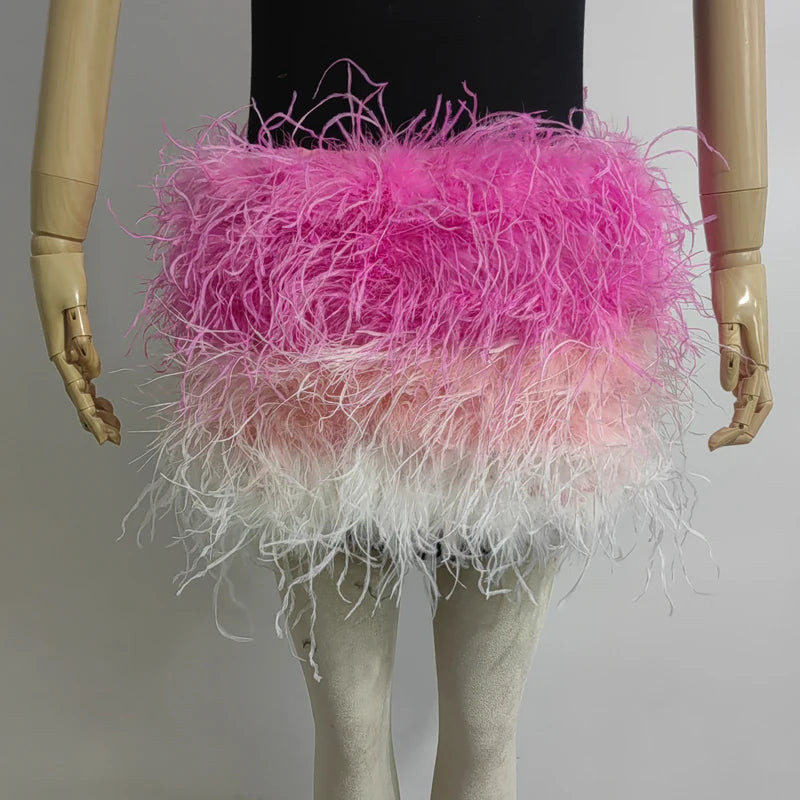 Fustă Mini cu Pene de Struț Adevărate — Multicolor, Talie Elastică