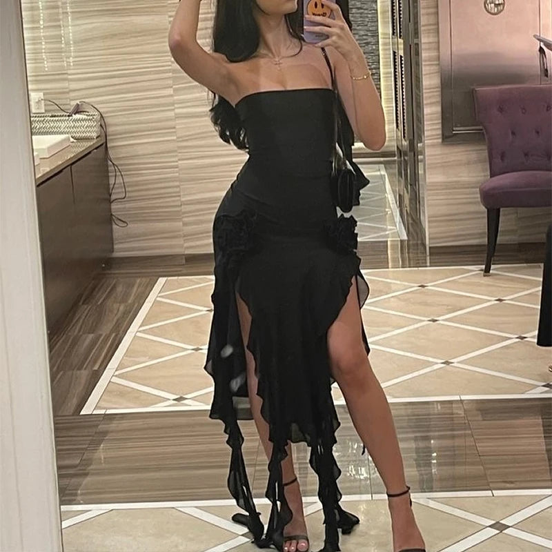 Rochie Mini Strapless cu Fantă — Floral, Spate Gol, Stil Petrecere, Negru & Roz