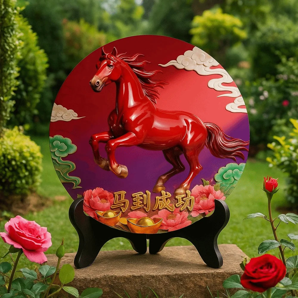 Tablou Decorativ Rotund din Lemn — Calul Norocos, Decor Feng Shui pentru Casă și Birou