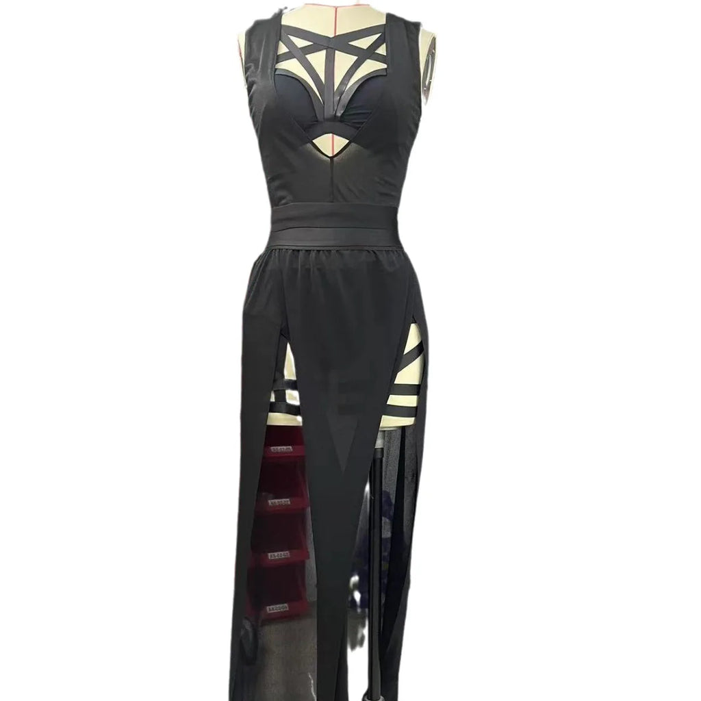 Set 4 Piese Femei Goth Club — Corset, Top Crop, Chiloți & Fustă cu Crestătură