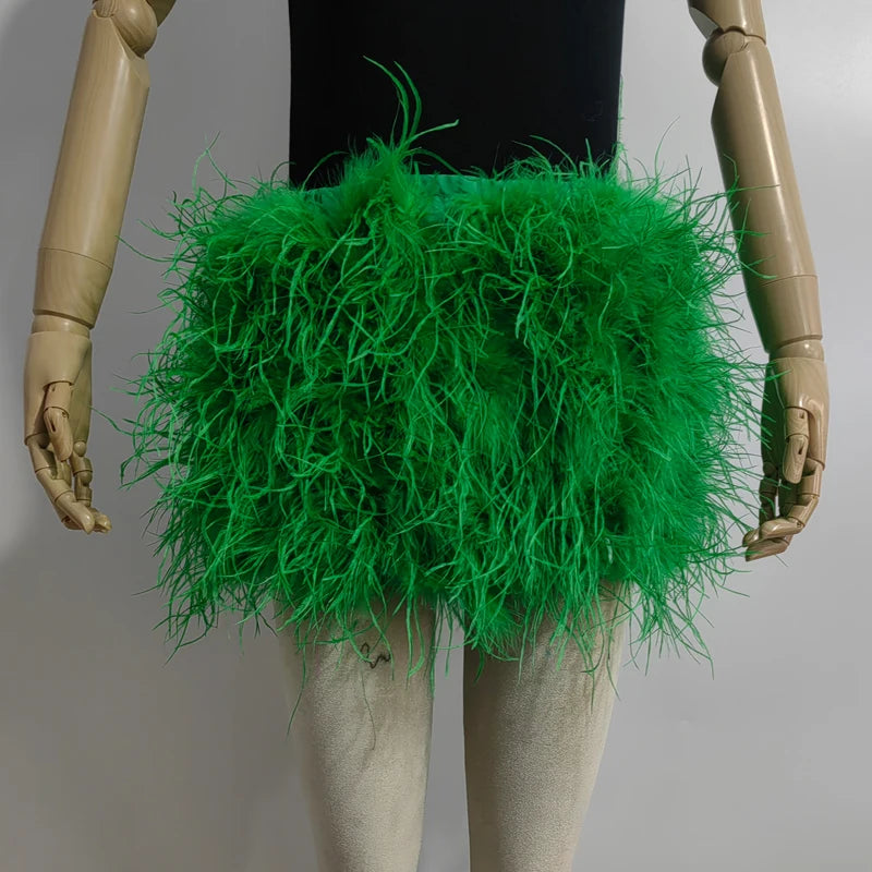Fustă Mini cu Pene de Struț Adevărate — Multicolor, Talie Elastică