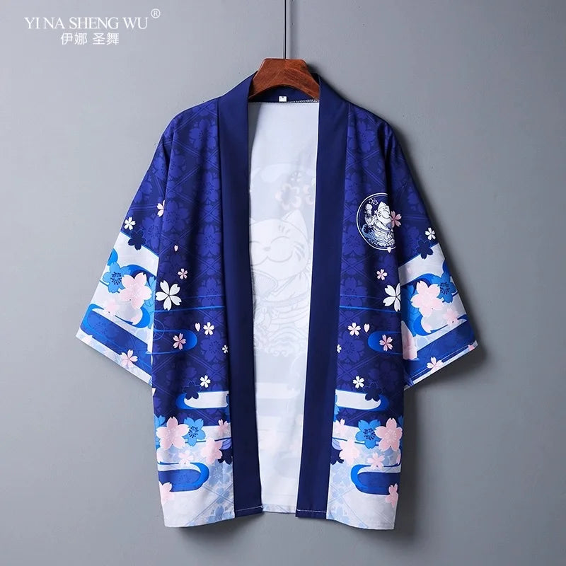 Kimono Haori Bărbați — Imprimeu Pisică, Stil Japonez Samurai, Cosplay, Vară