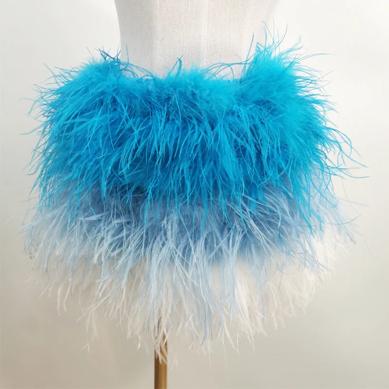 Fustă Mini cu Pene de Struț Adevărate — Multicolor, Talie Elastică