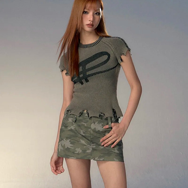 Top Tricotat Femei — Stil Grunge Y2K, Crop Top Punk Harajuku, Streetwear