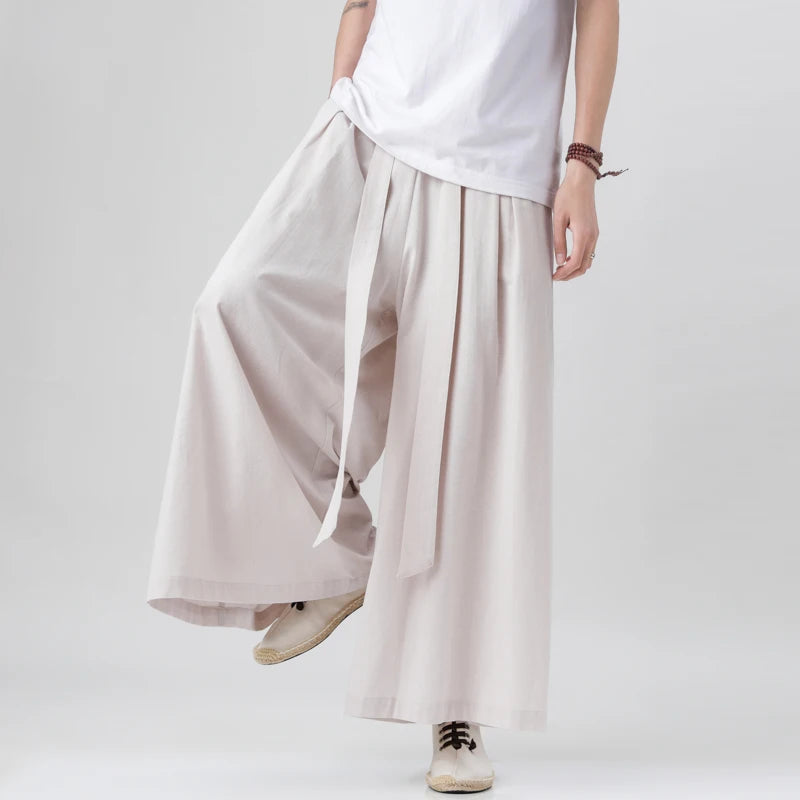 Pantaloni Wide Leg Bărbați — Stil Japonez Kimono, Bumbac & In, Streetwear Retro Vară