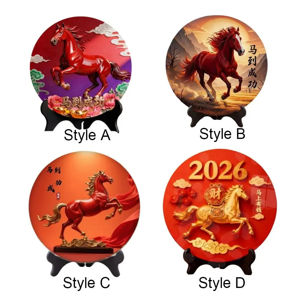 Tablou Decorativ Rotund din Lemn — Calul Norocos, Decor Feng Shui pentru Casă și Birou