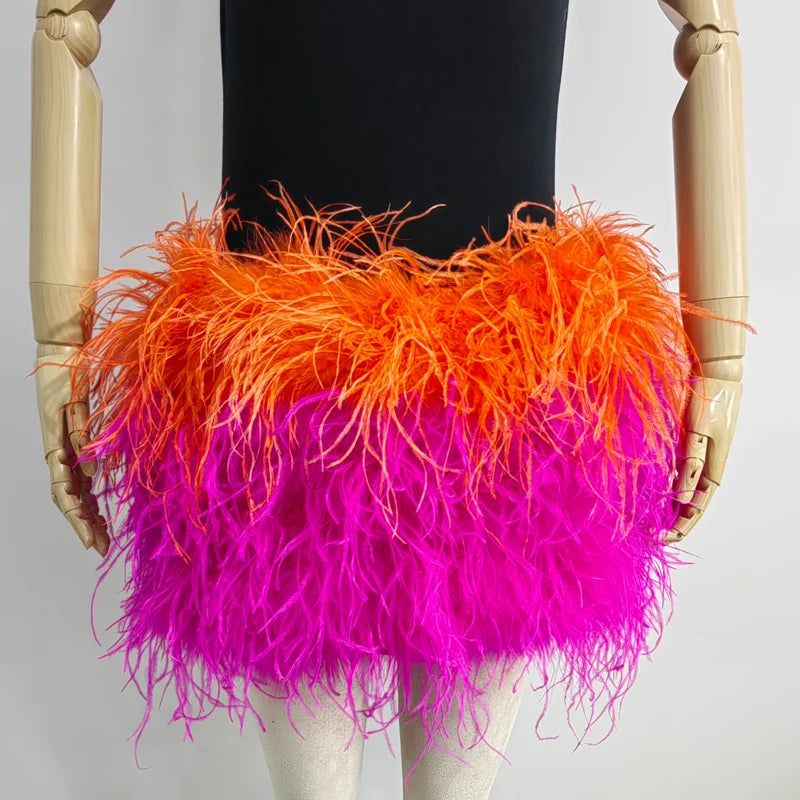 Fustă Mini cu Pene de Struț Adevărate — Multicolor, Talie Elastică