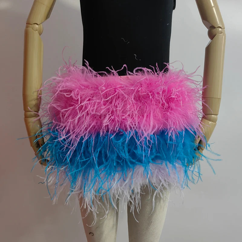 Fustă Mini cu Pene de Struț Adevărate — Multicolor, Talie Elastică