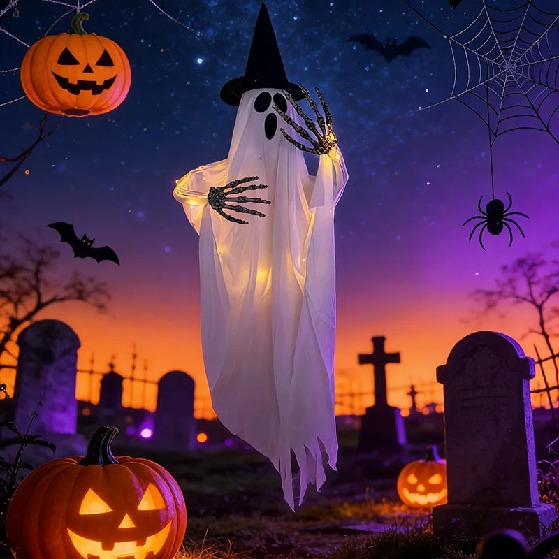 Fantomă Luminoasă cu Pălărie de Vrăjitor — Decorațiune Halloween Suspendată
