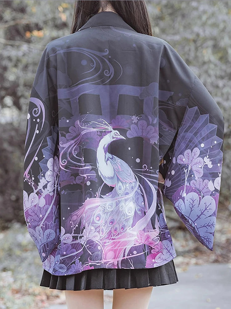 Kimono Yukata Haori Japonez — Cardigan Samurai Anime, Stil Harajuku Streetwear, Negru