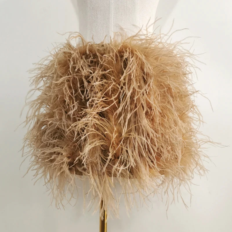 Fustă Mini cu Pene de Struț Adevărate — Multicolor, Talie Elastică