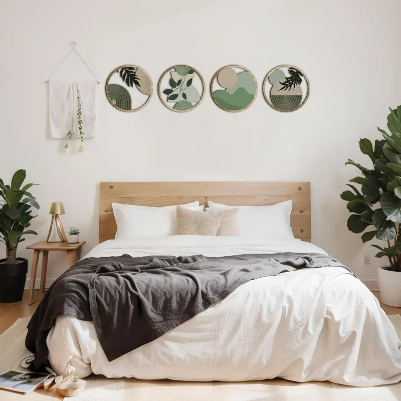 Set 4 Piese Decorative Perete Boho — Artă Geometrică din Lemn pentru Dormitor & Living