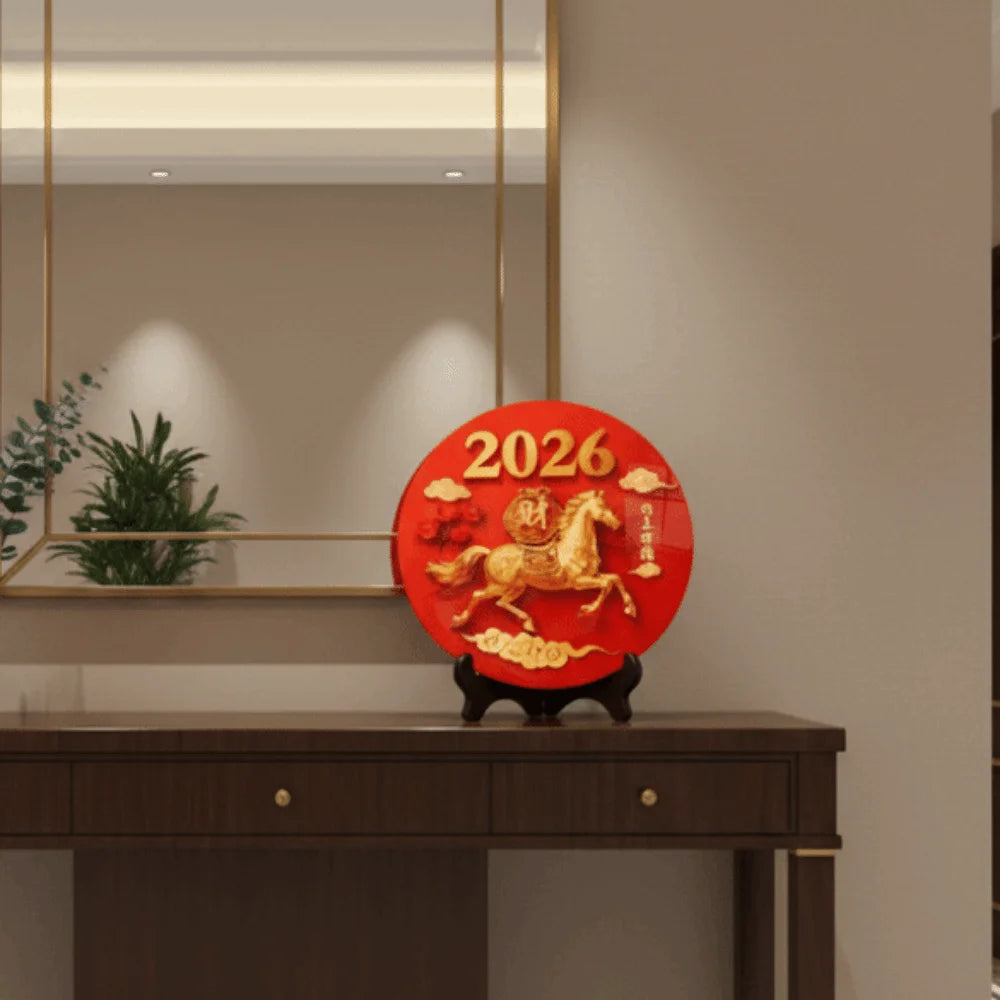 Tablou Decorativ Rotund din Lemn — Calul Norocos, Decor Feng Shui pentru Casă și Birou